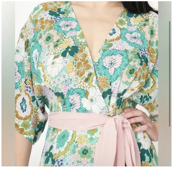 NWT unique vintage kimono sleeve wrap dress mint pink floral - Picture 2 of 4